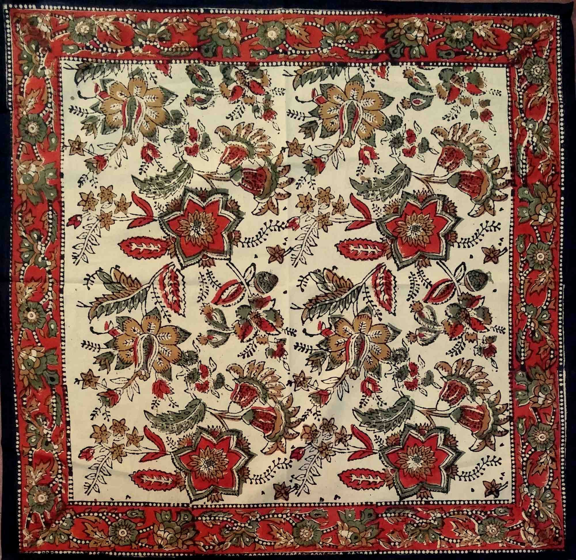 Floral Block Print Cotton Round Tablecloth Rectangle Square Beige Red Green - Sweet Us