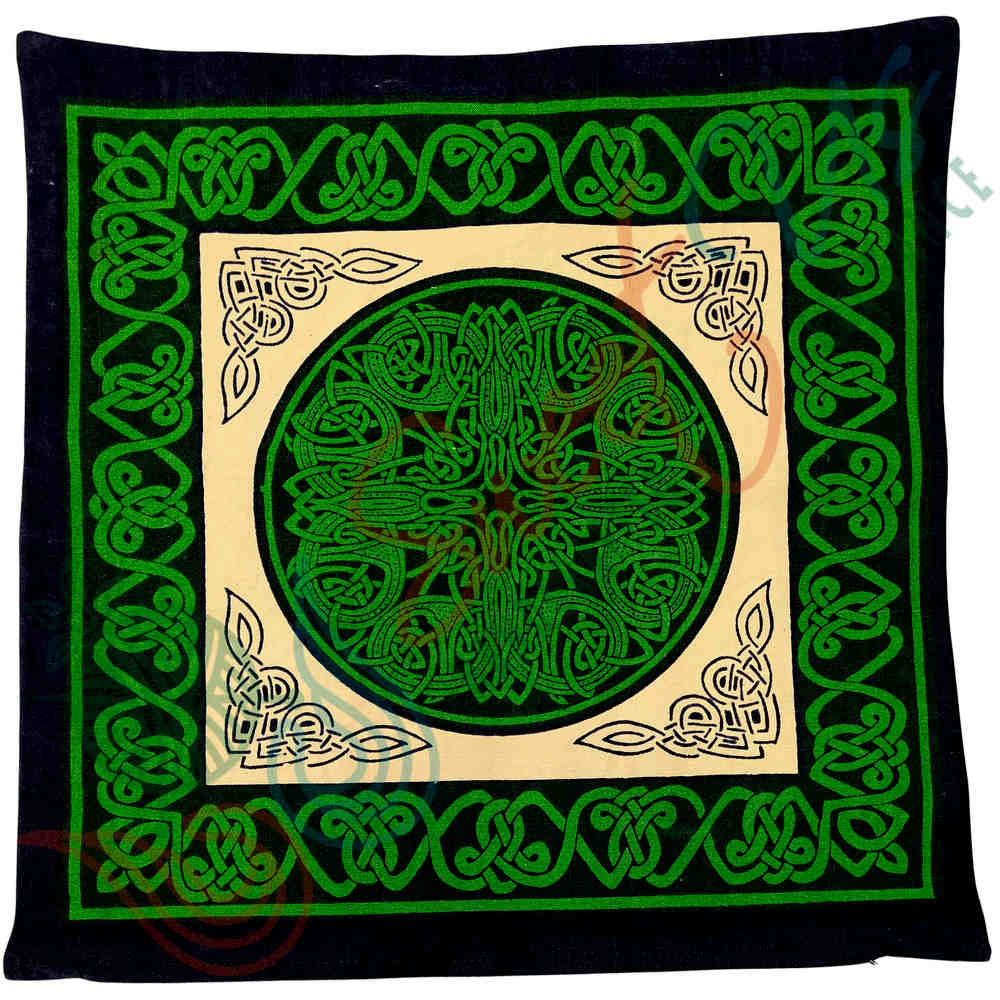 Cotton Celtic Wheel of Life Cushion Cover Shell 17x17 Green Tan