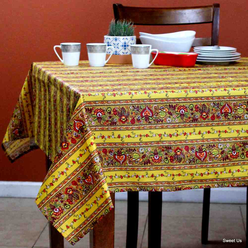 Wipeable Tablecloth Spillproof French Acrylic Coated Indienne Fleur Yellow
