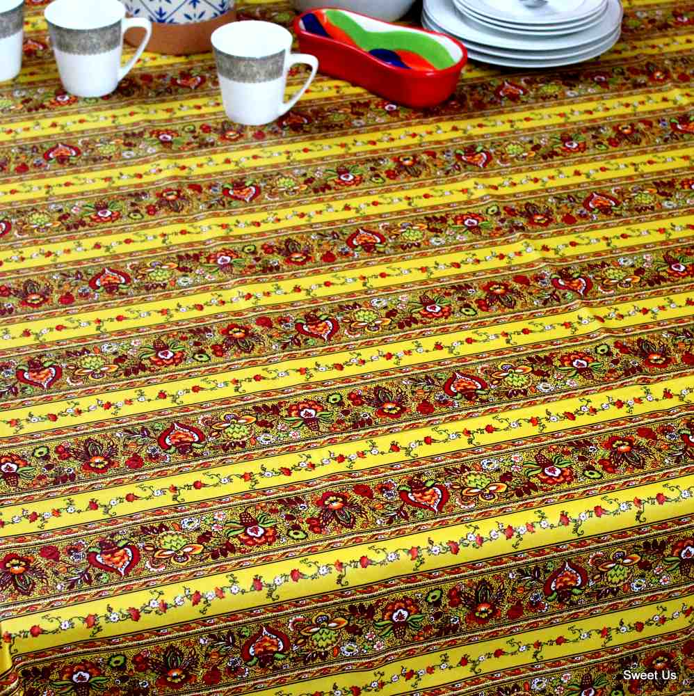 Wipeable Tablecloth Spillproof French Acrylic Coated Indienne Fleur Yellow