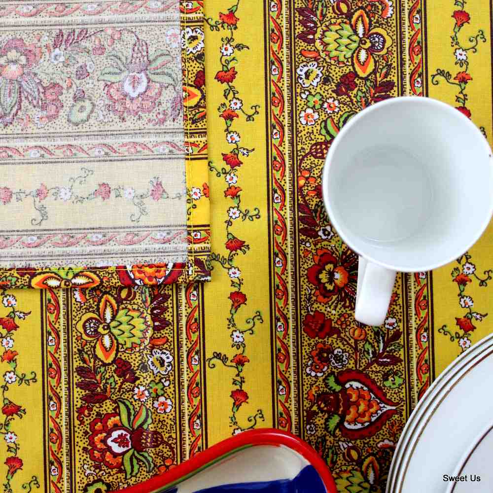 Wipeable Tablecloth Spillproof French Acrylic Coated Indienne Fleur Yellow