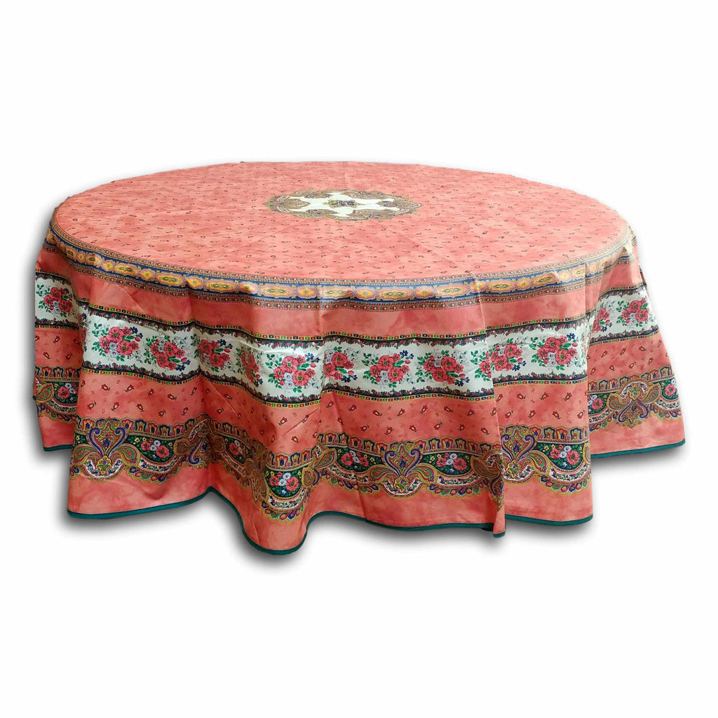 French Floral Tablecloth Provencal Acrylic Coated Cotton Salmon Peach 71" Round - Sweet Us