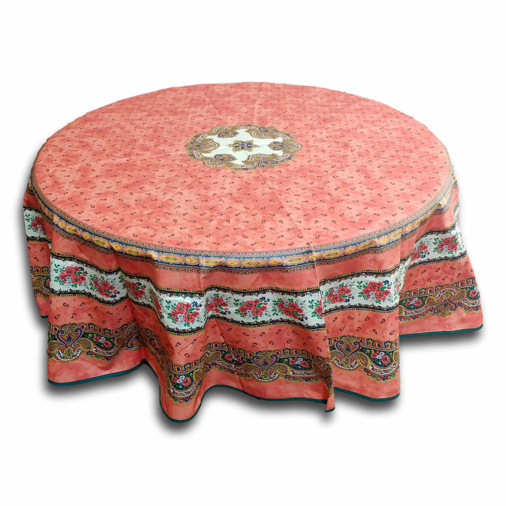French Floral Tablecloth Provencal Acrylic Coated Cotton Salmon Peach 71" Round - Sweet Us