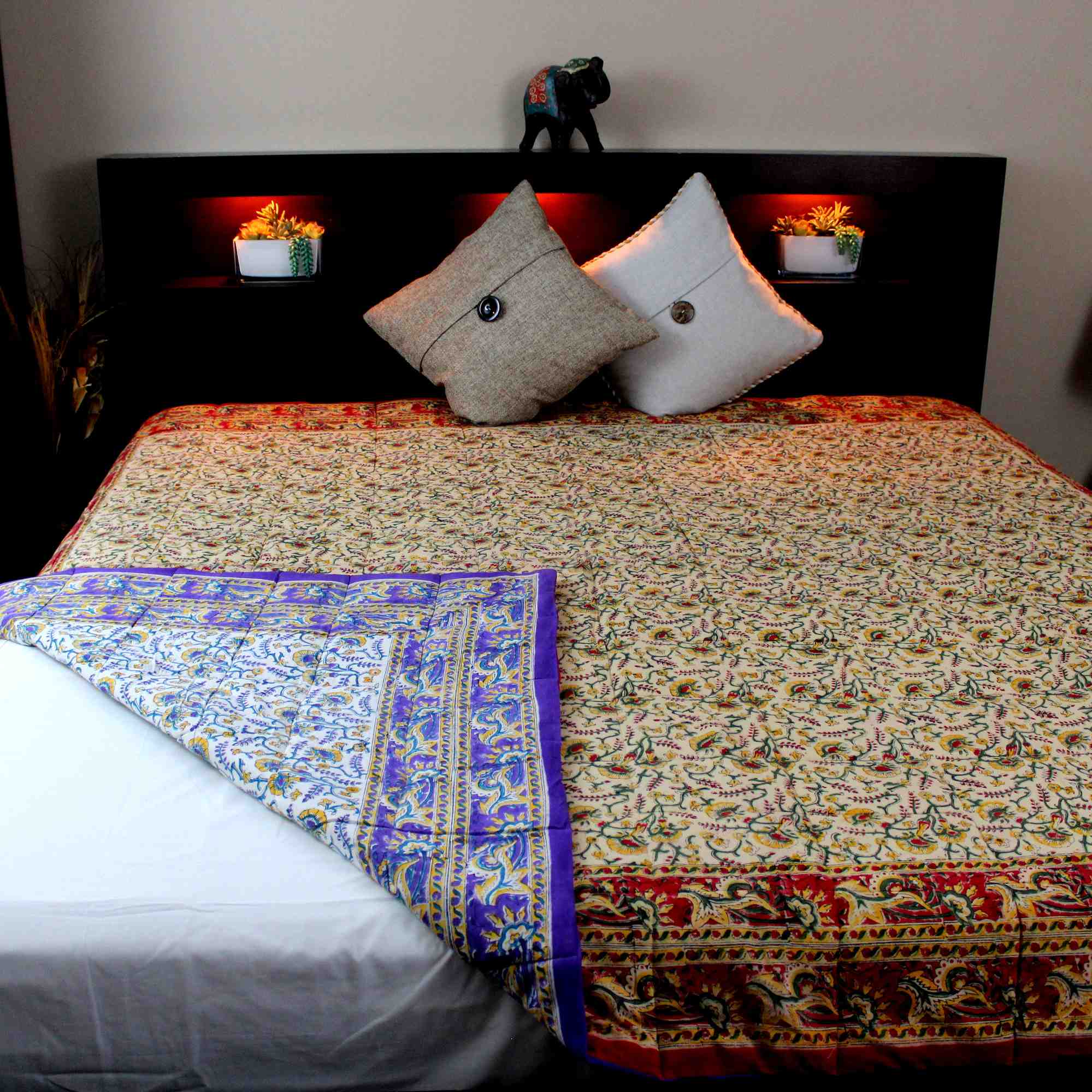 Reversible Full Queen Floral Vine Cotton Quilt 85x85 in Purple Red Yellow - Sweet Us