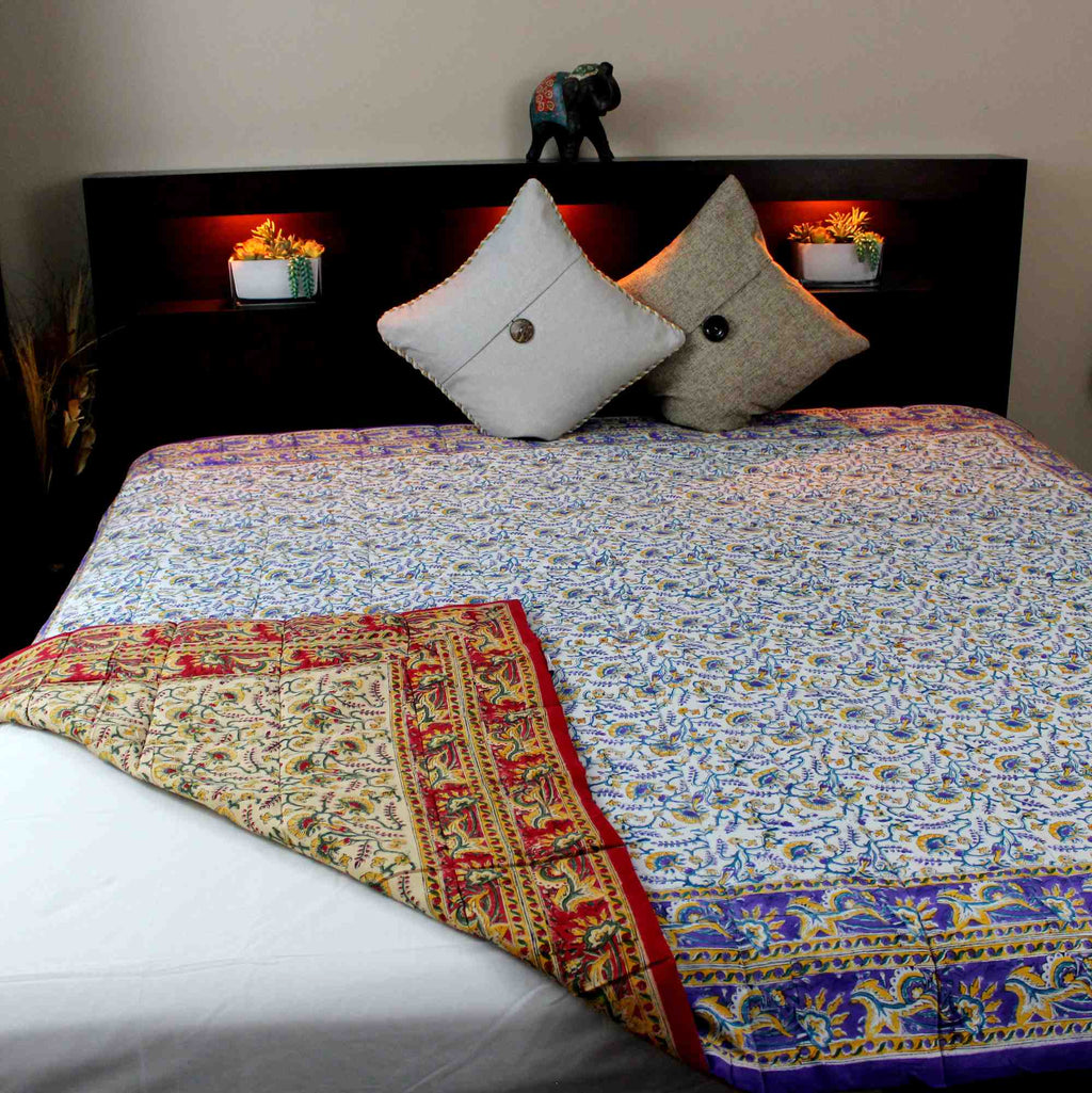 Reversible Full Queen Floral Vine Cotton Quilt 85x85 in Purple Red Yellow - Sweet Us