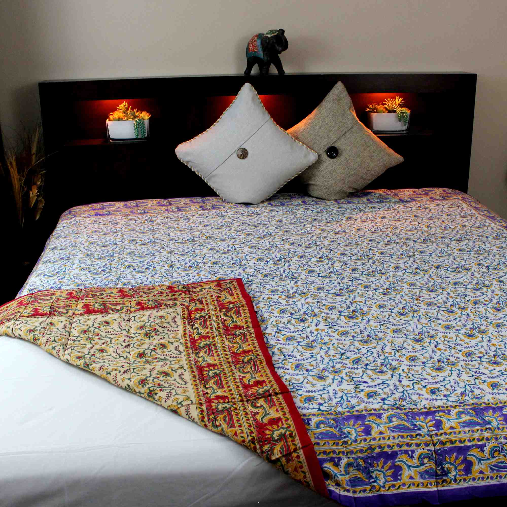 Reversible Full Queen Floral Vine Cotton Quilt 85x85 in Purple Red Yellow - Sweet Us