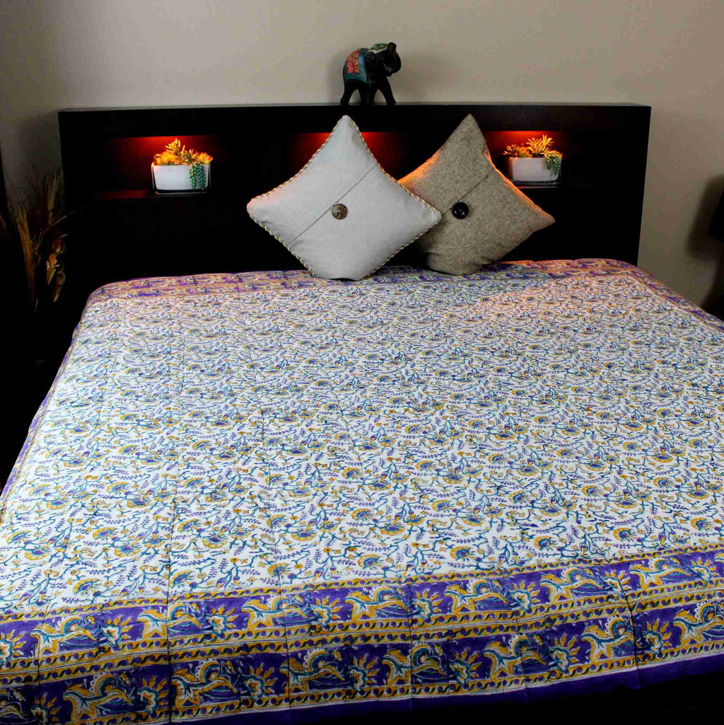 Reversible Full Queen Floral Vine Cotton Quilt 85x85 in Purple Red Yellow - Sweet Us