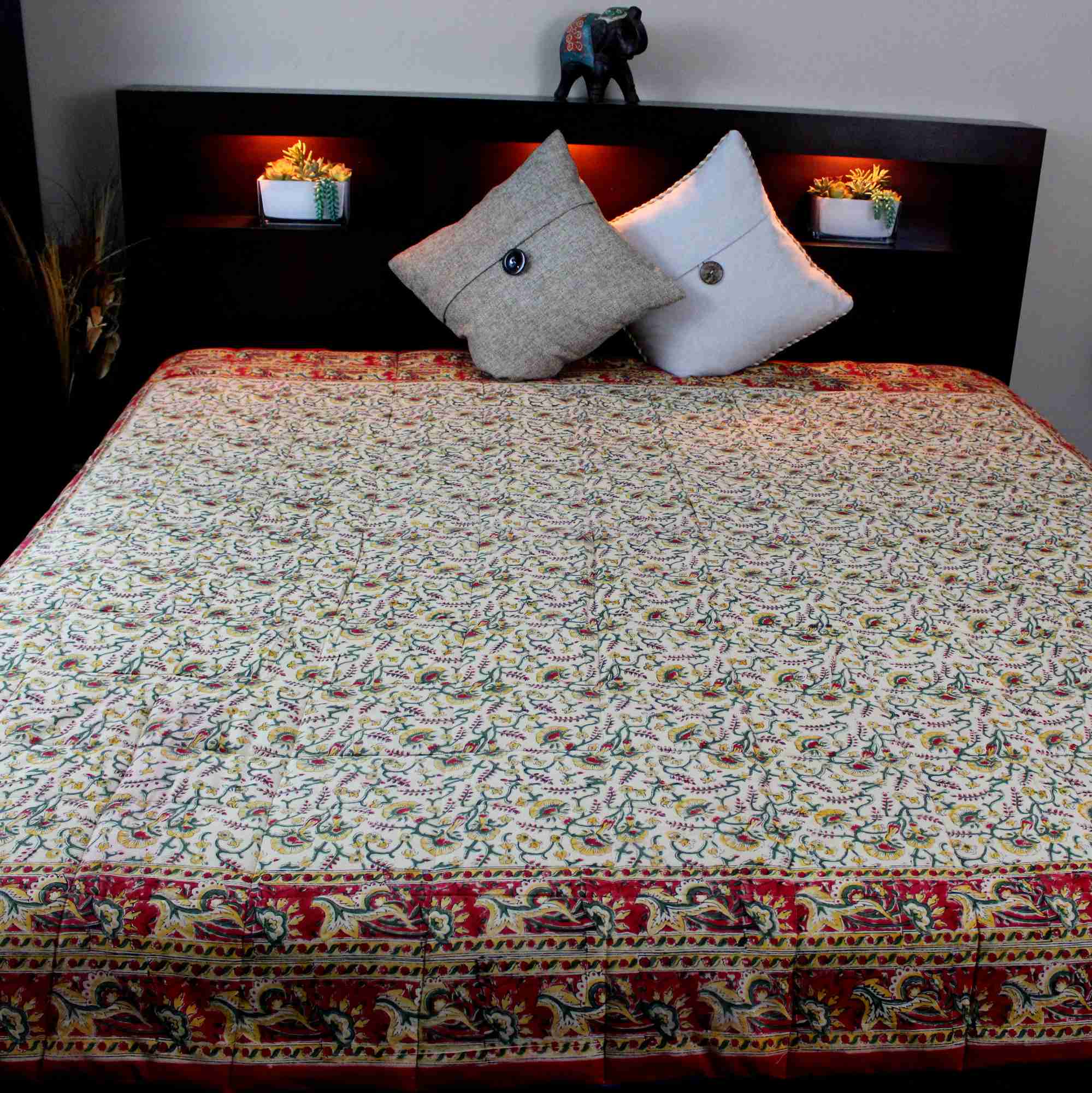 Reversible Full Queen Floral Vine Cotton Quilt 85x85 in Purple Red Yellow - Sweet Us