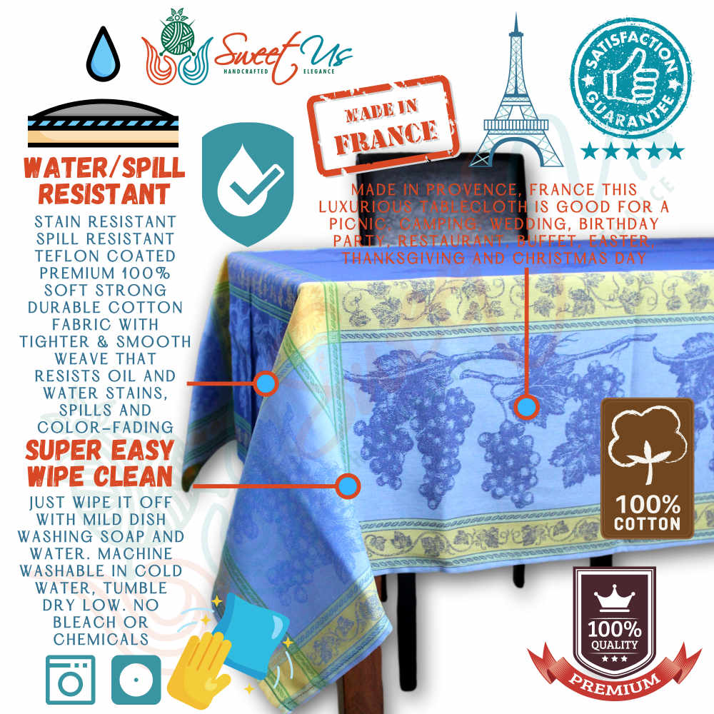 Wipeable Spill Resistant French Chateaux Floral Blue Cotton Jacquard Tablecloth