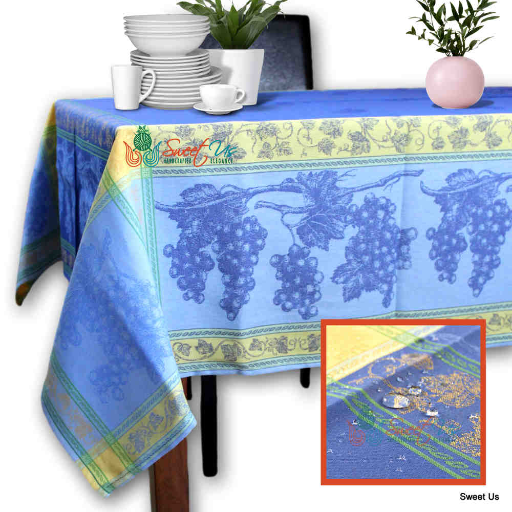 Wipeable Spill Resistant French Chateaux Floral Blue Cotton Jacquard Tablecloth
