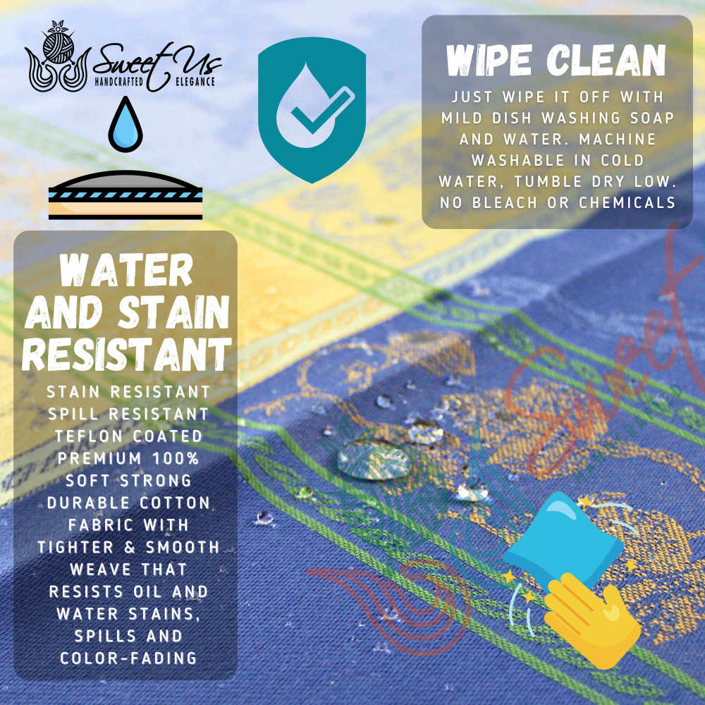 Wipeable Spill Resistant French Chateaux Floral Blue Cotton Jacquard Tablecloth