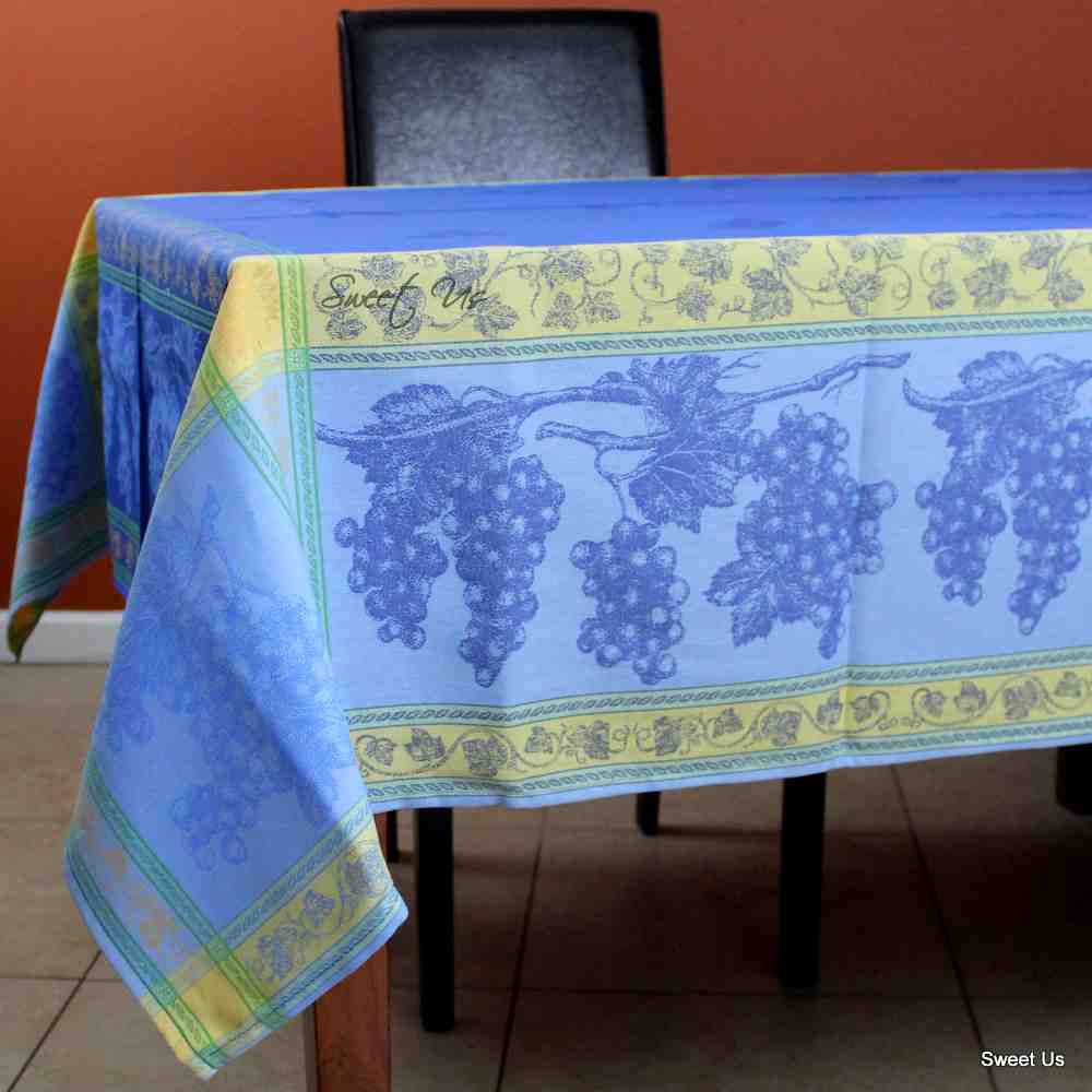 Wipeable Spill Resistant French Chateaux Floral Blue Cotton Jacquard Tablecloth