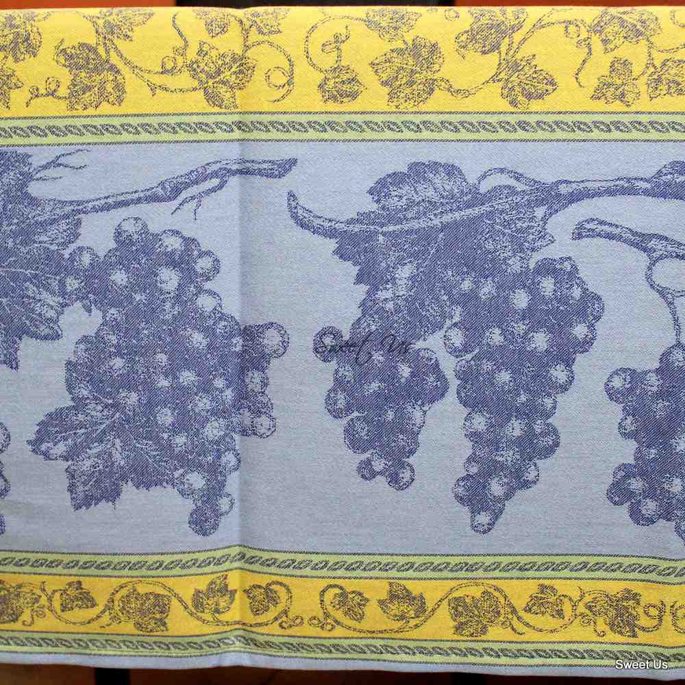 Wipeable Spill Resistant French Chateaux Floral Blue Cotton Jacquard Tablecloth