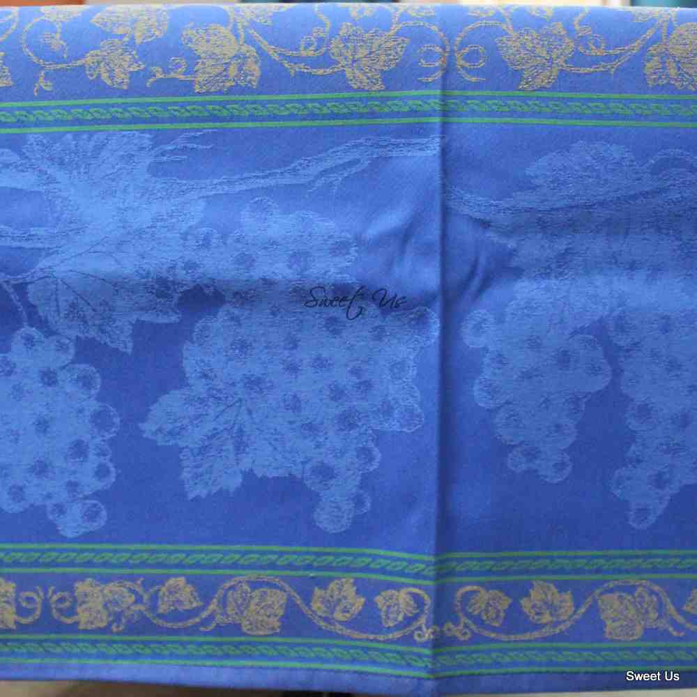 Wipeable Spill Resistant French Chateaux Floral Blue Cotton Jacquard Tablecloth