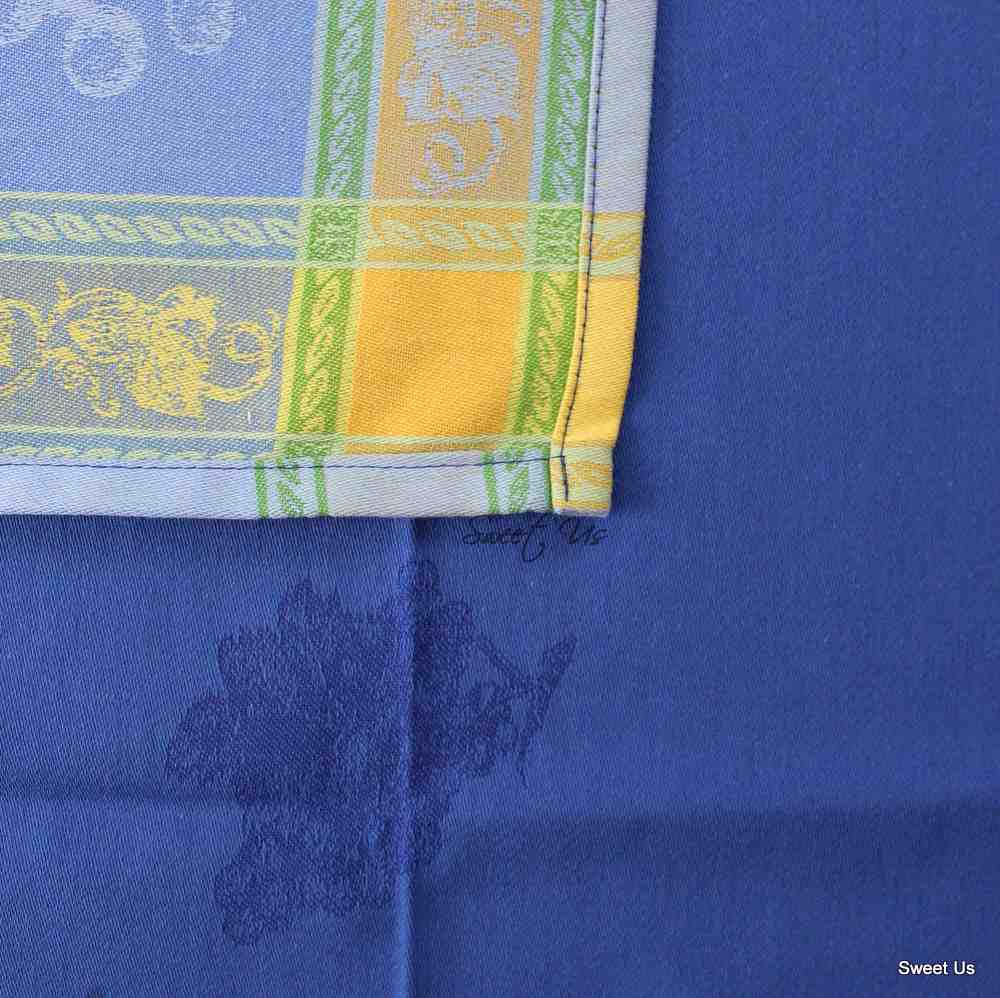 Wipeable Spill Resistant French Chateaux Floral Blue Cotton Jacquard Tablecloth