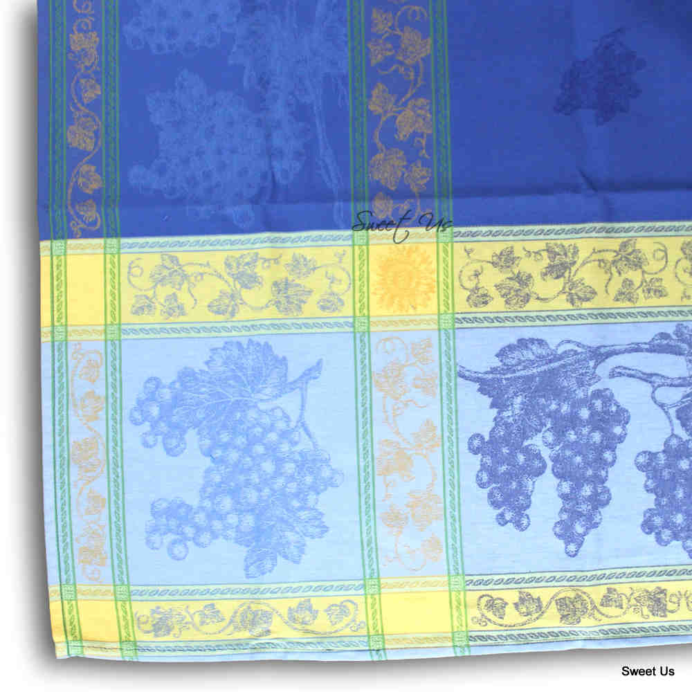 Wipeable Spill Resistant French Chateaux Floral Blue Cotton Jacquard Tablecloth