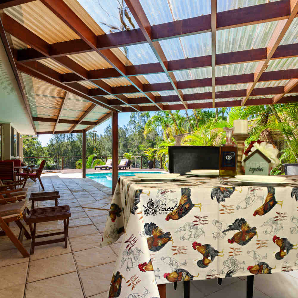 Wipeable Spill Resistant Acrylic Coated Rustic French Country Rooster Tablecloth