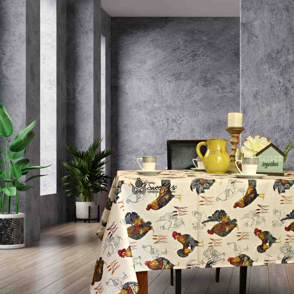 Wipeable Spill Resistant Acrylic Coated Rustic French Country Rooster Tablecloth