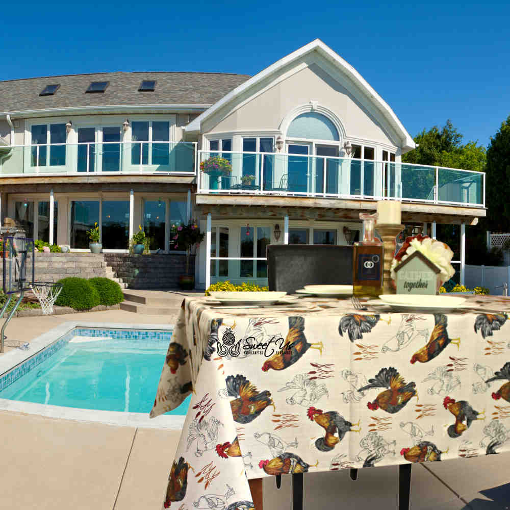 Wipeable Spill Resistant Acrylic Coated Rustic French Country Rooster Tablecloth