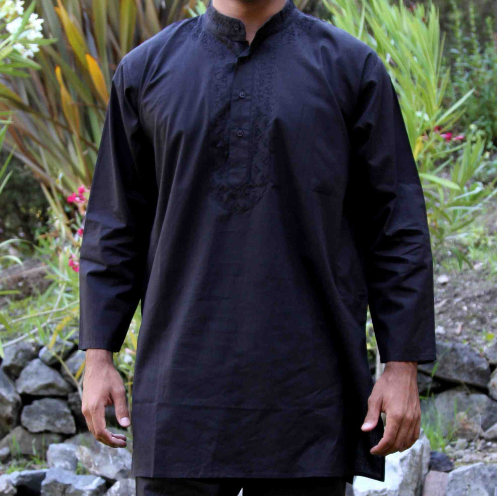 Shirt Tunic Kurta & Pant Set Unisex Soft Cotton Black Large Embroidered - Sweet Us