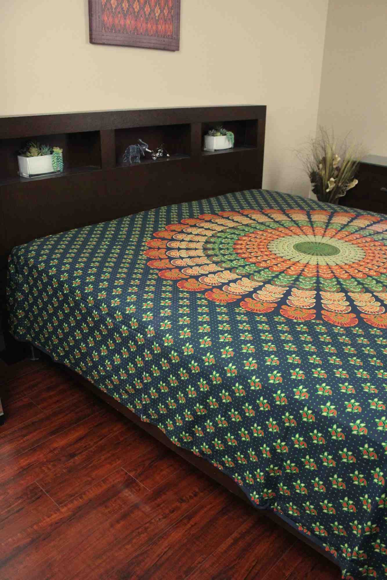 Sanganer Mandala Peacock Cotton Tapestry Tablecloth Bedspread Full - Sweet Us