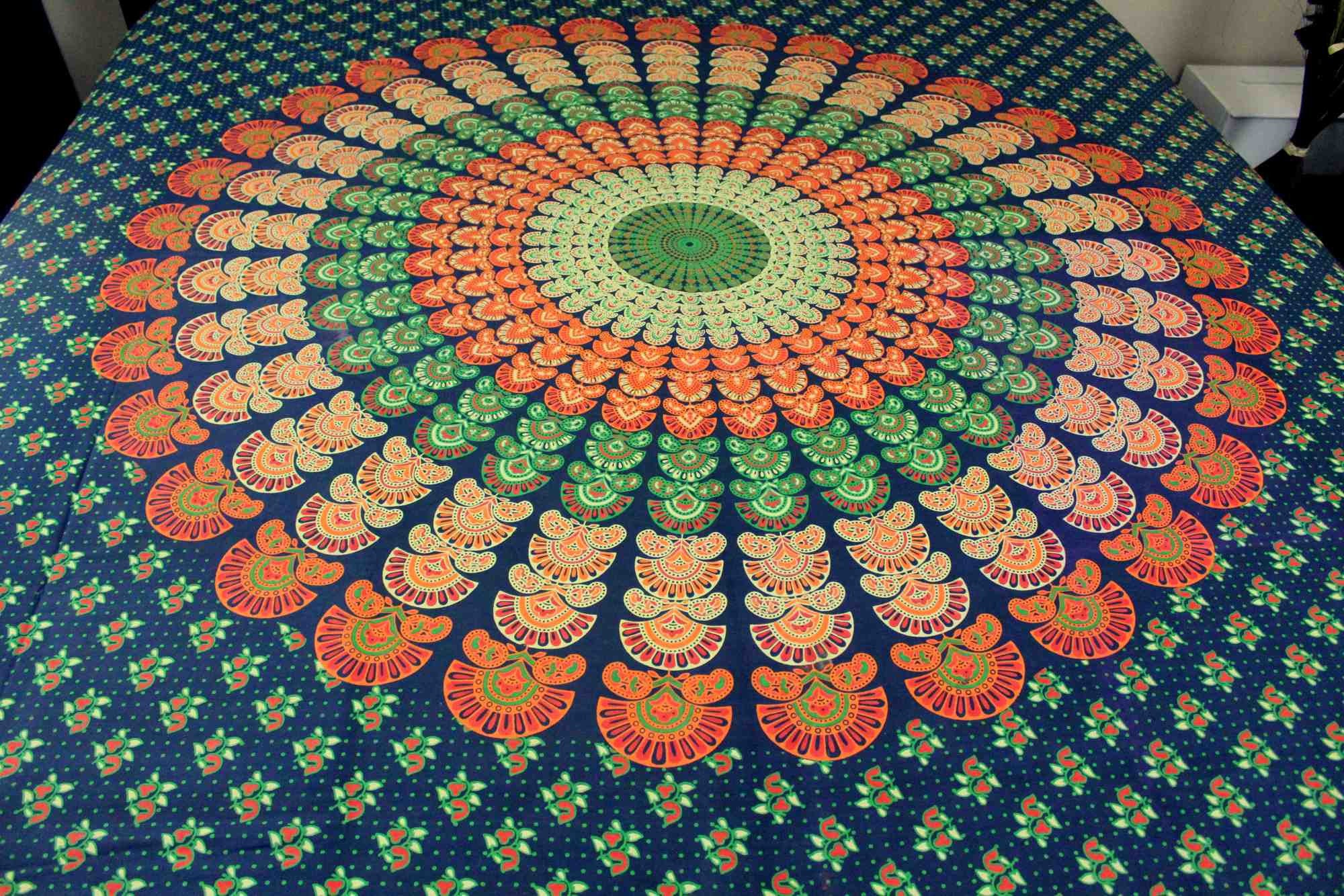 Sanganer Mandala Peacock Cotton Tapestry Tablecloth Bedspread Full - Sweet Us