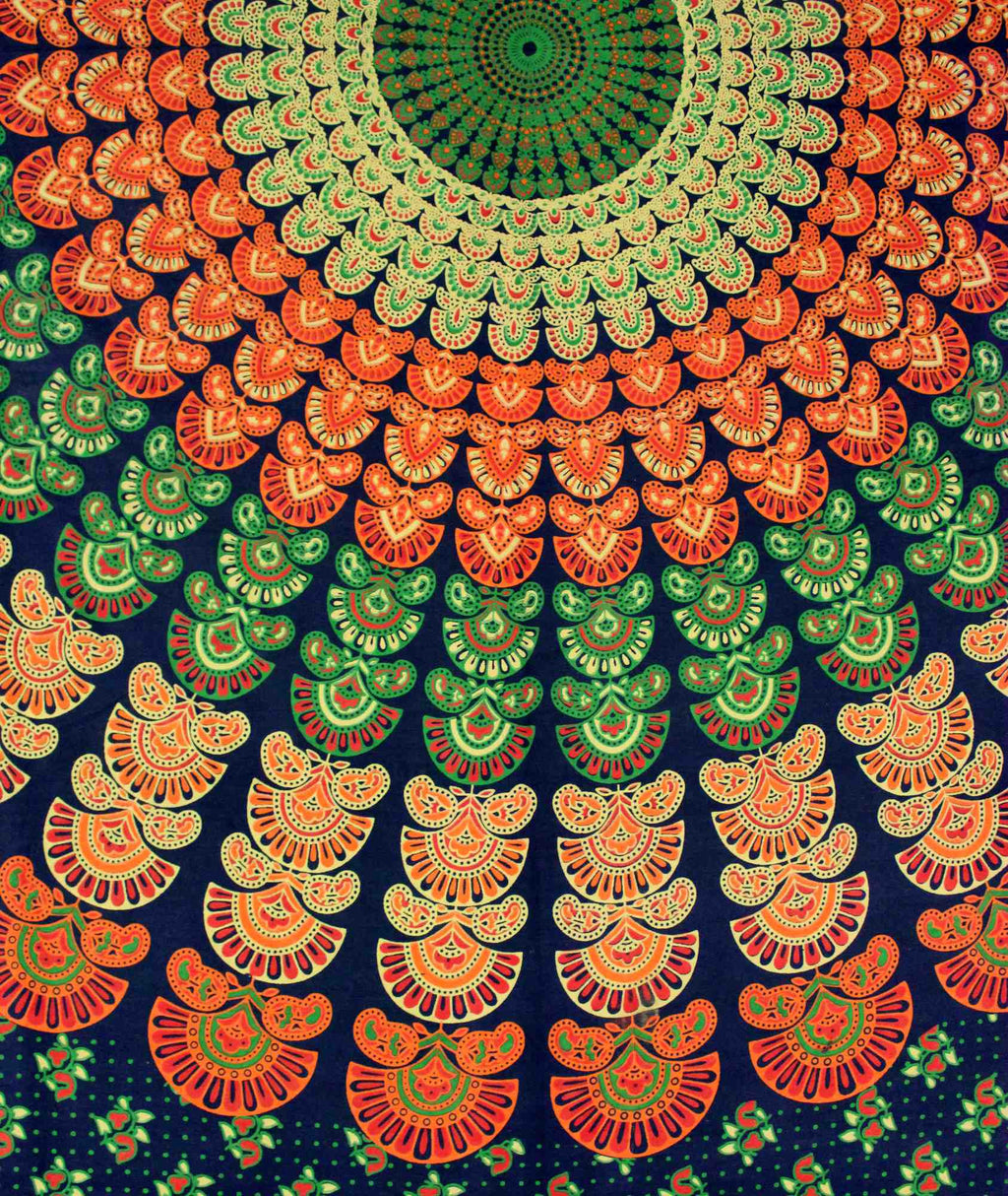 Sanganer Mandala Peacock Cotton Tapestry Tablecloth Bedspread Full - Sweet Us