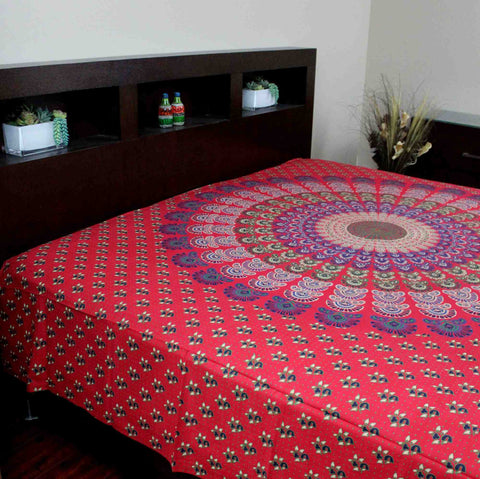 Sanganer Peacock Mandala Cotton Tapestry Tablecloth Bedspread Twin Full - Sweet Us