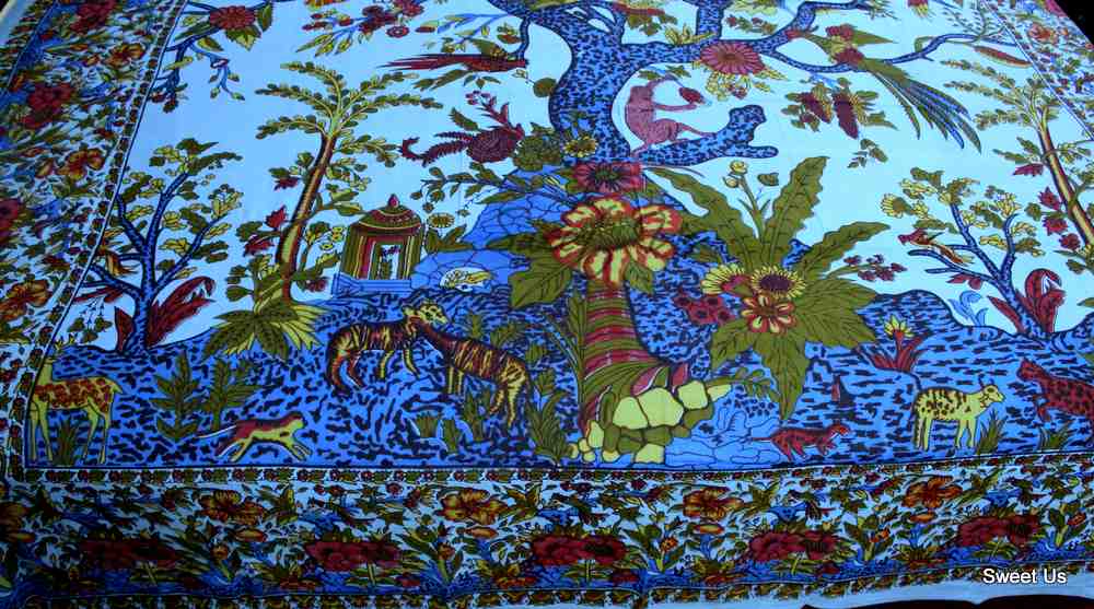 Cotton Tree of Life Bed sheet Full Queen Tapestry Tablecloth Rectangle Blue
