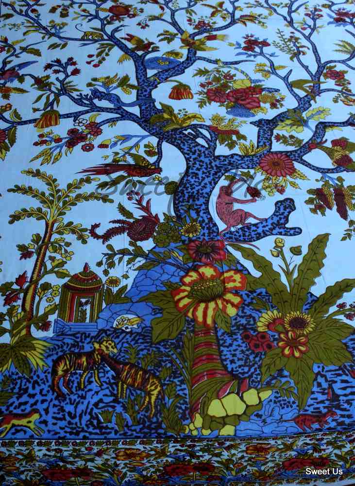 Cotton Tree of Life Bed sheet Full Queen Tapestry Tablecloth Rectangle Blue