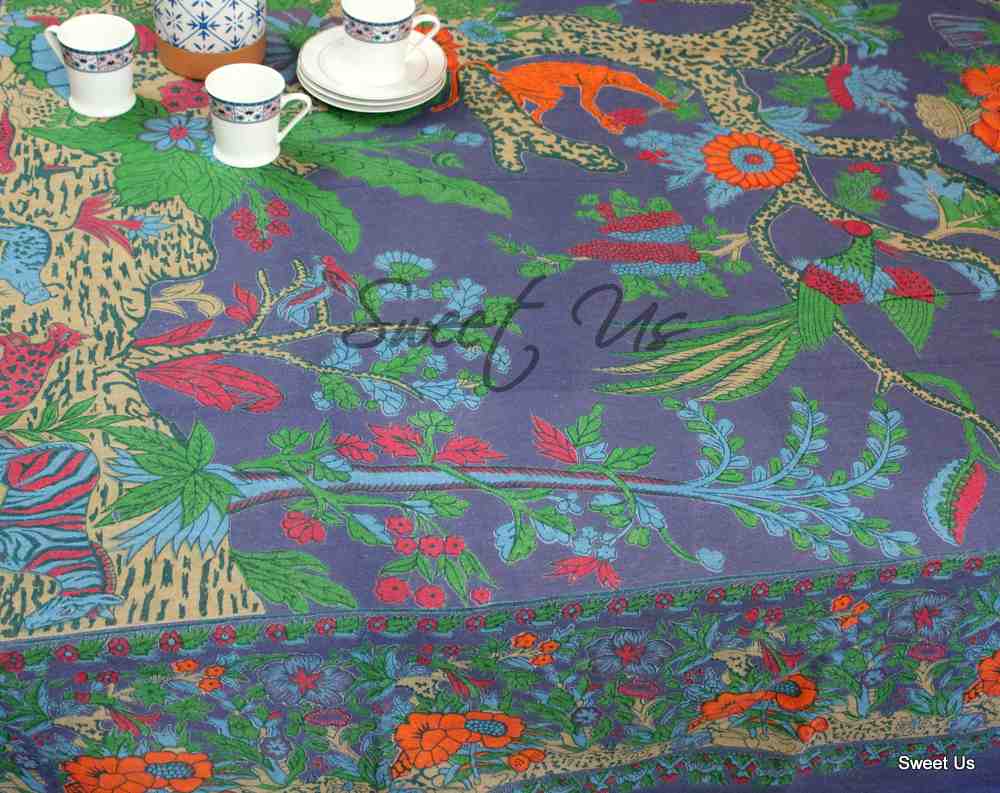 Cotton Tree of Life Floral Tablecloth Rectangle Navy Blue Kitchen Dining Linen
