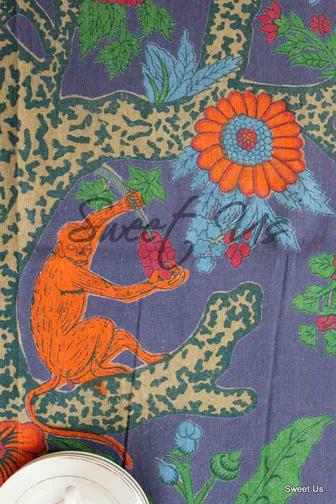 Cotton Tree of Life Floral Tablecloth Rectangle Navy Blue Kitchen Dining Linen