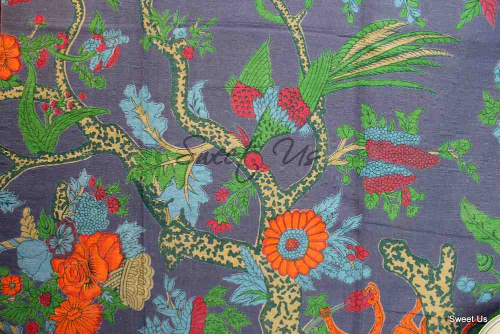 Cotton Tree of Life Floral Tablecloth Rectangle Navy Blue Kitchen Dining Linen