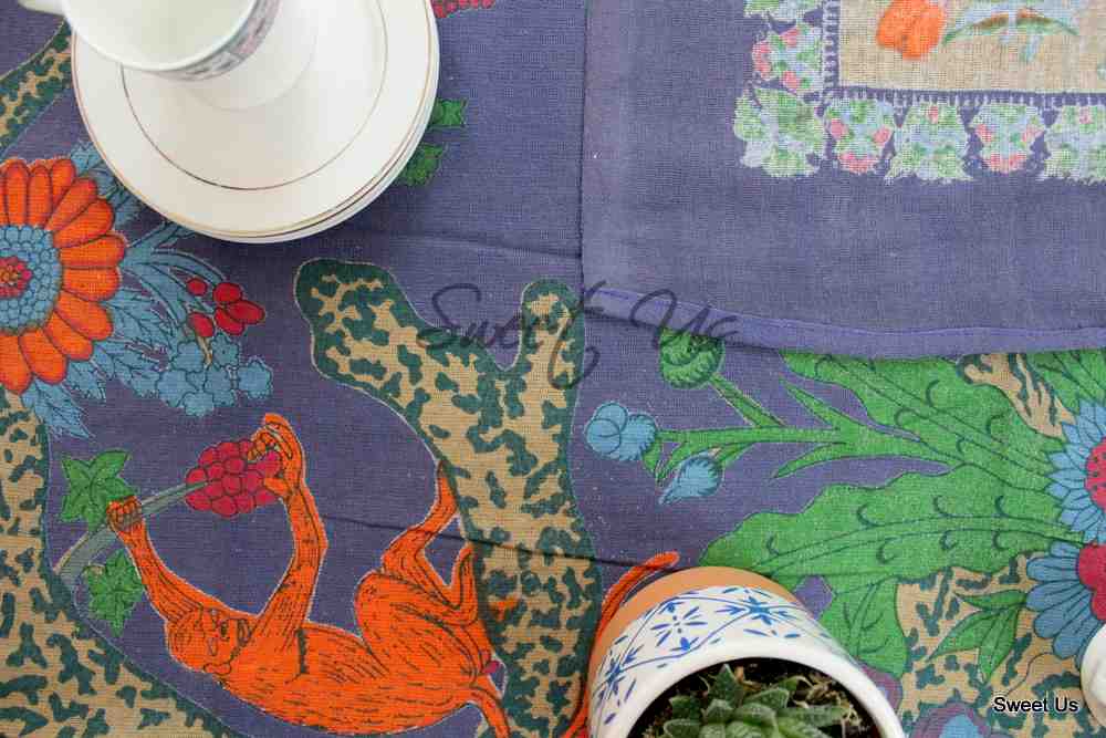 Cotton Tree of Life Floral Tablecloth Rectangle Navy Blue Kitchen Dining Linen