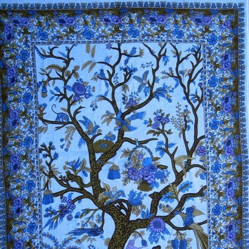 Handmade Cotton Tree of Life Tapestry Throw Tablecloth Spread Full Blue 88x104 - Sweet Us