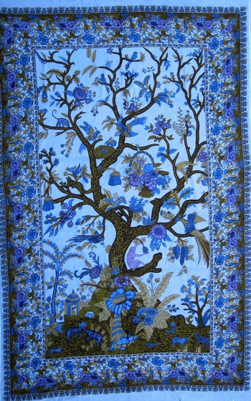 Handmade Cotton Tree of Life Tapestry Throw Tablecloth Spread Full Blue 88x104 - Sweet Us