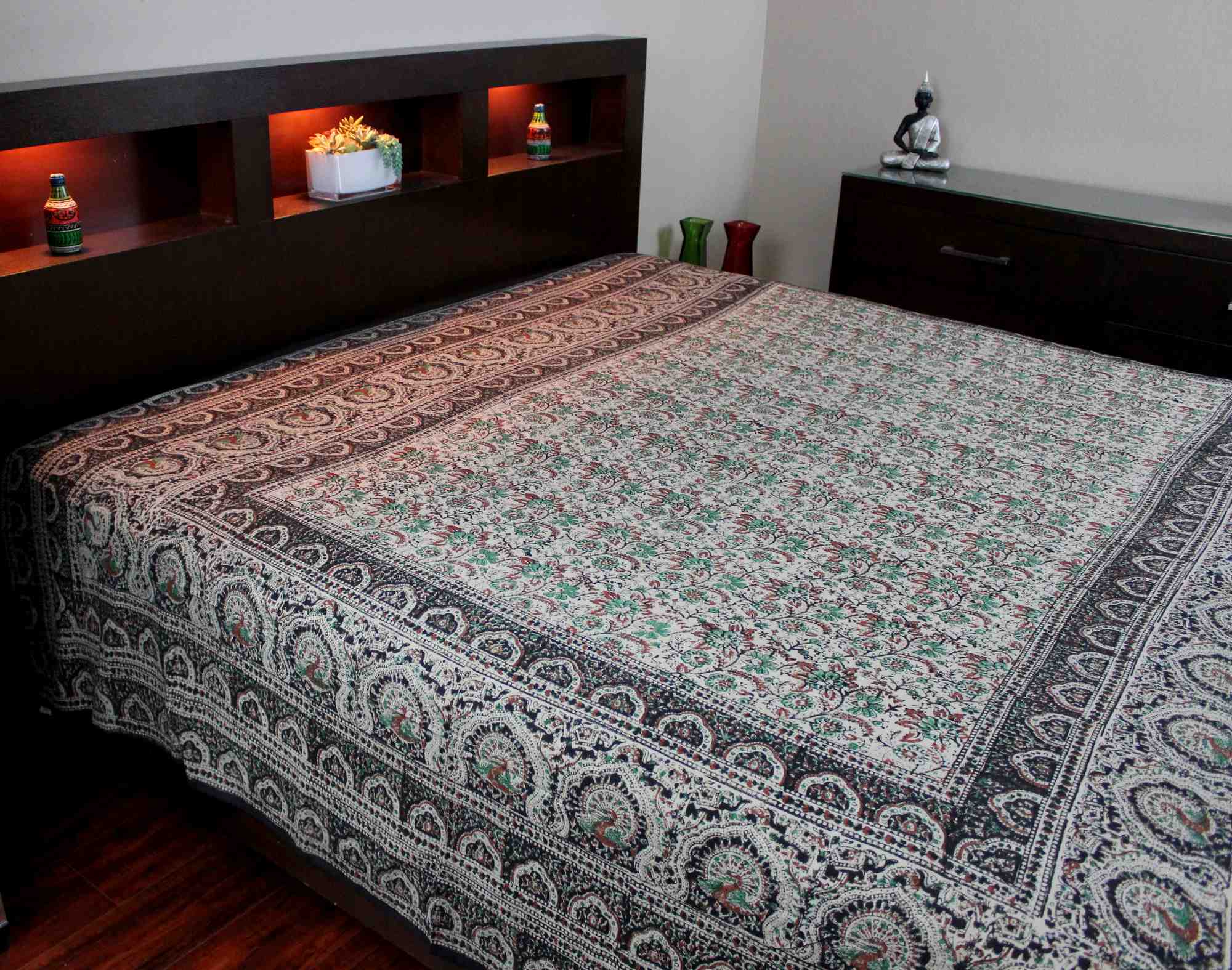 Handmade Cotton Floral Peacock Block Print Spread Tapestry Green Tan 88 x 106 Inches Full - Sweet Us