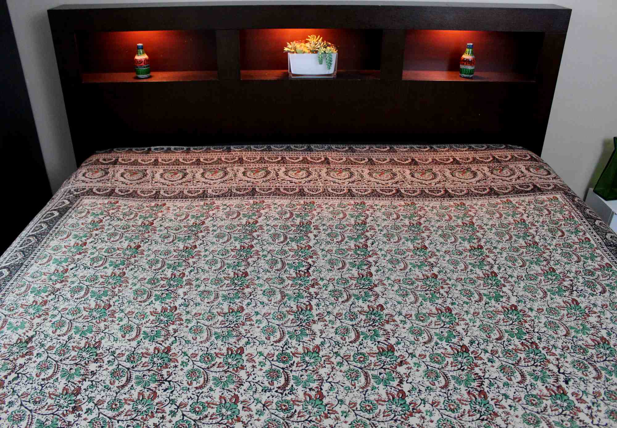 Handmade Cotton Floral Peacock Block Print Spread Tapestry Green Tan 88 x 106 Inches Full - Sweet Us