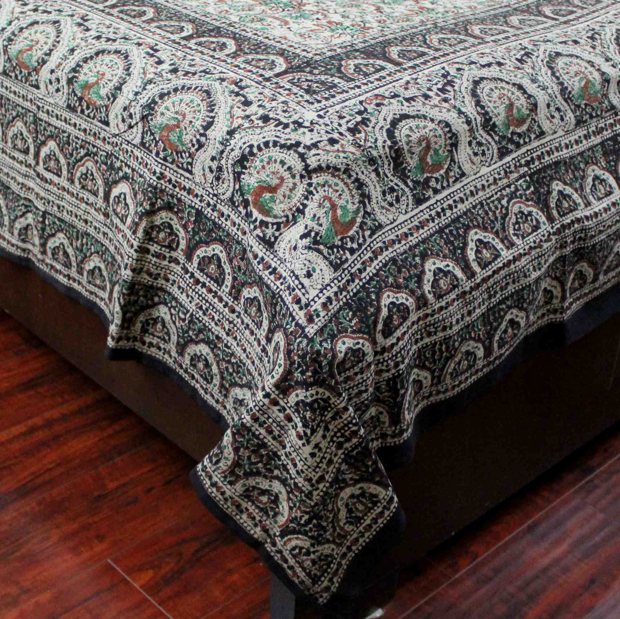 Handmade Cotton Floral Peacock Block Print Spread Tapestry Green Tan 88 x 106 Inches Full - Sweet Us