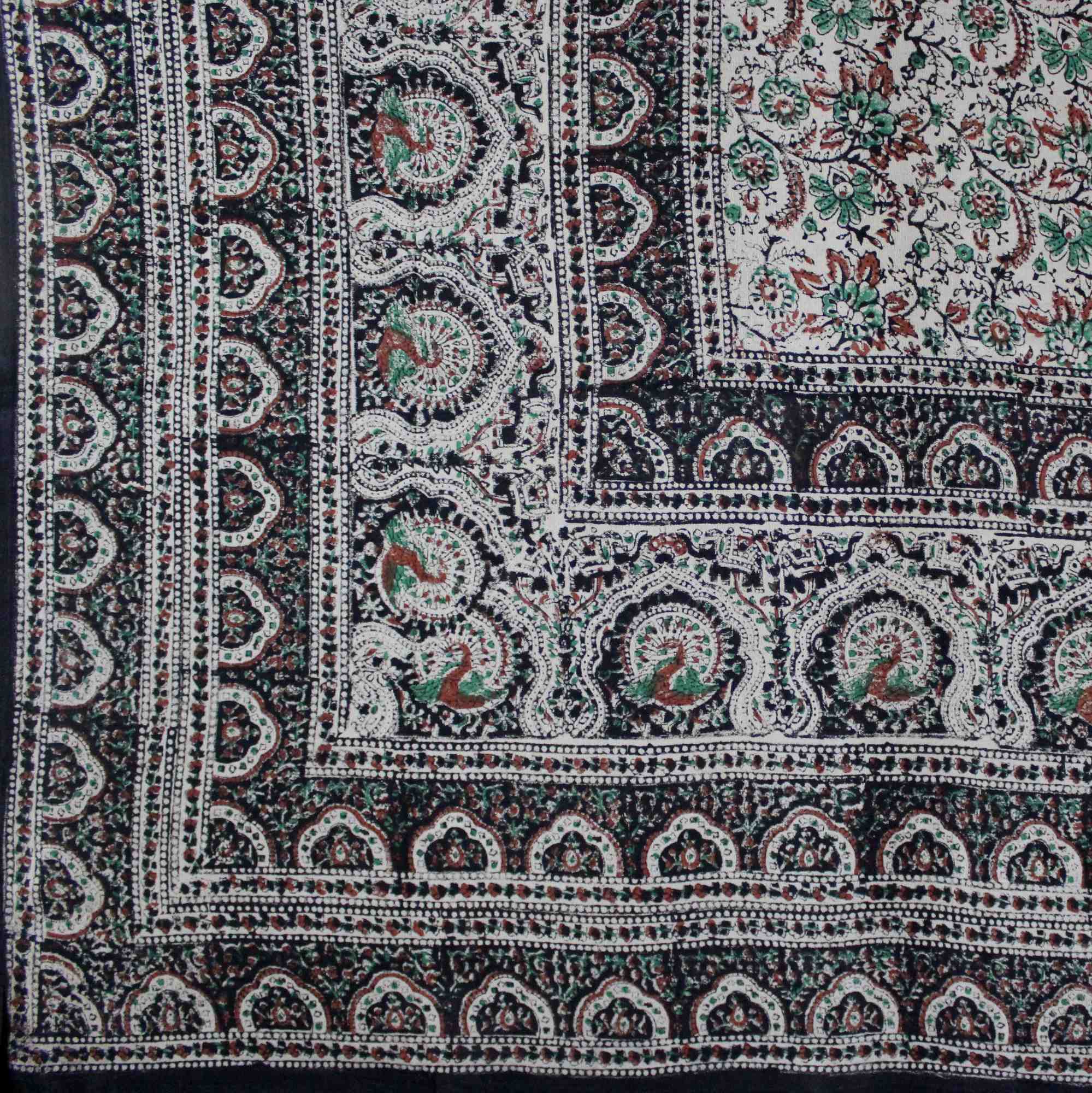 Handmade Cotton Floral Peacock Block Print Spread Tapestry Green Tan 88 x 106 Inches Full - Sweet Us