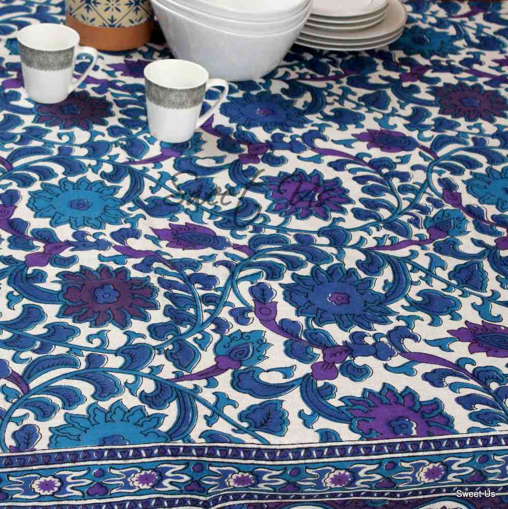Cotton Sunflower Floral Tablecloth Rectangle 88x104 White Blue Purple