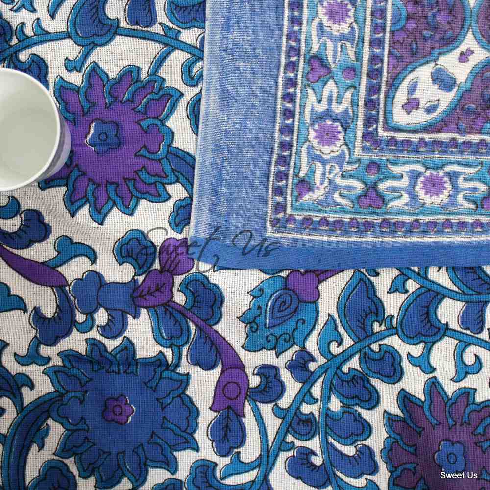 Cotton Sunflower Floral Tablecloth Rectangle 88x104 White Blue Purple