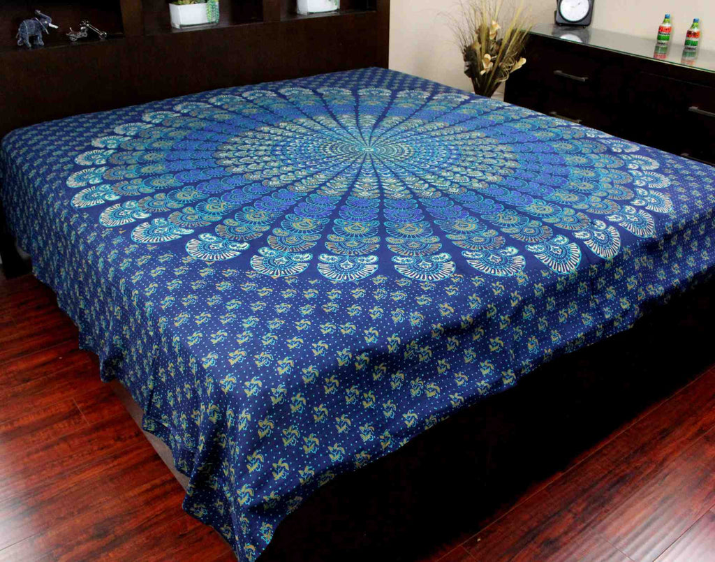 Handmade 100% Cotton Sanganer Peacock Mandala Tapestry Spread Queen 106x106 Blue - Sweet Us