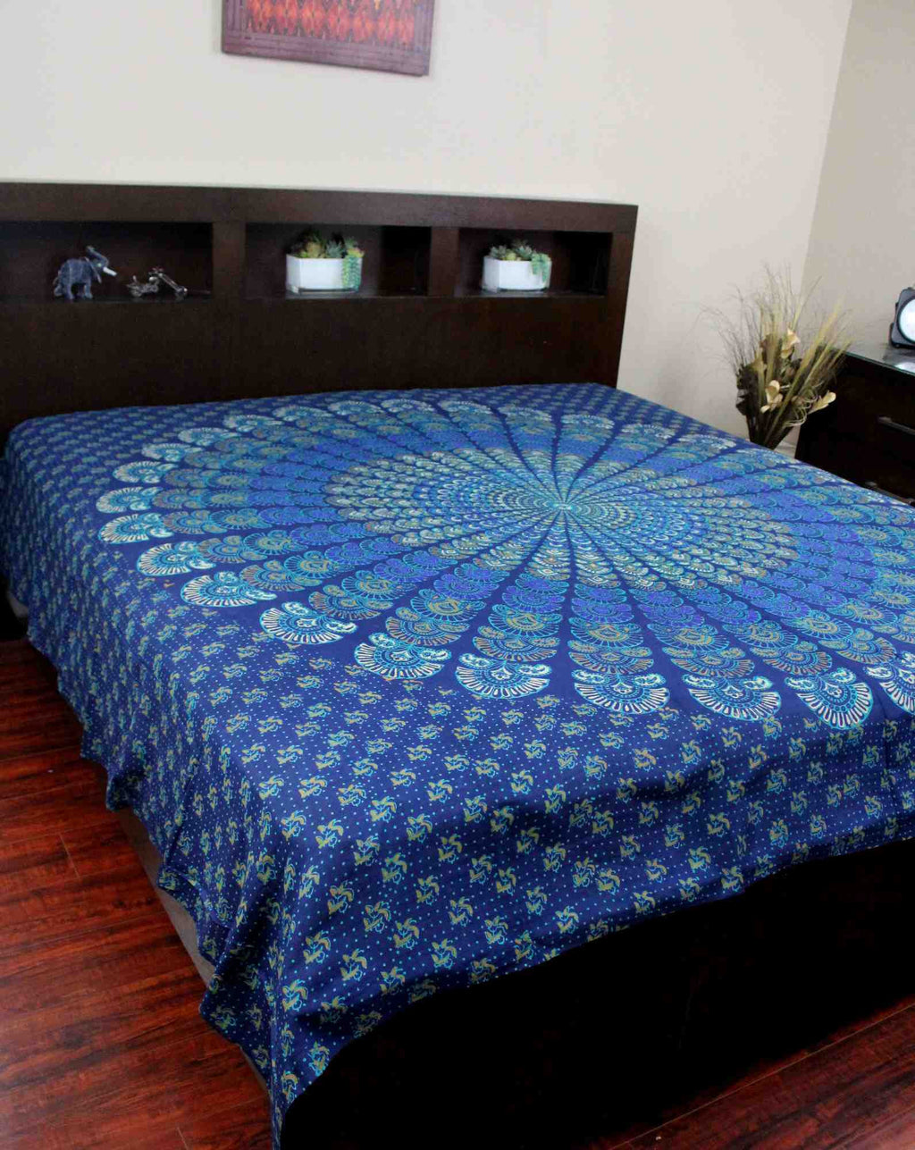 Handmade 100% Cotton Sanganer Peacock Mandala Tapestry Spread Queen 106x106 Blue - Sweet Us
