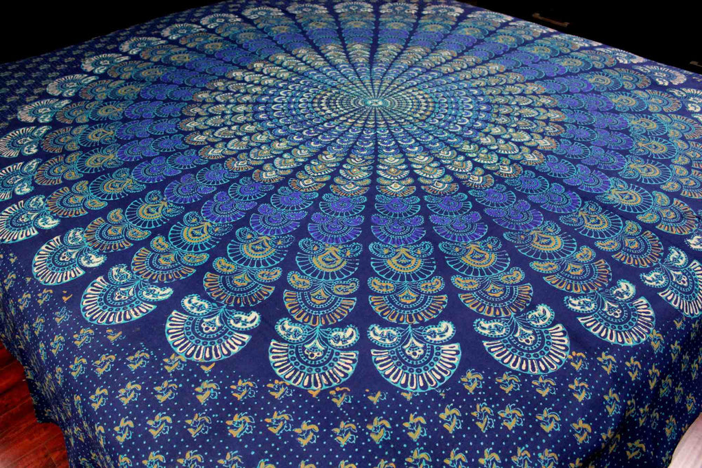 Handmade 100% Cotton Sanganer Peacock Mandala Tapestry Spread Queen 106x106 Blue - Sweet Us