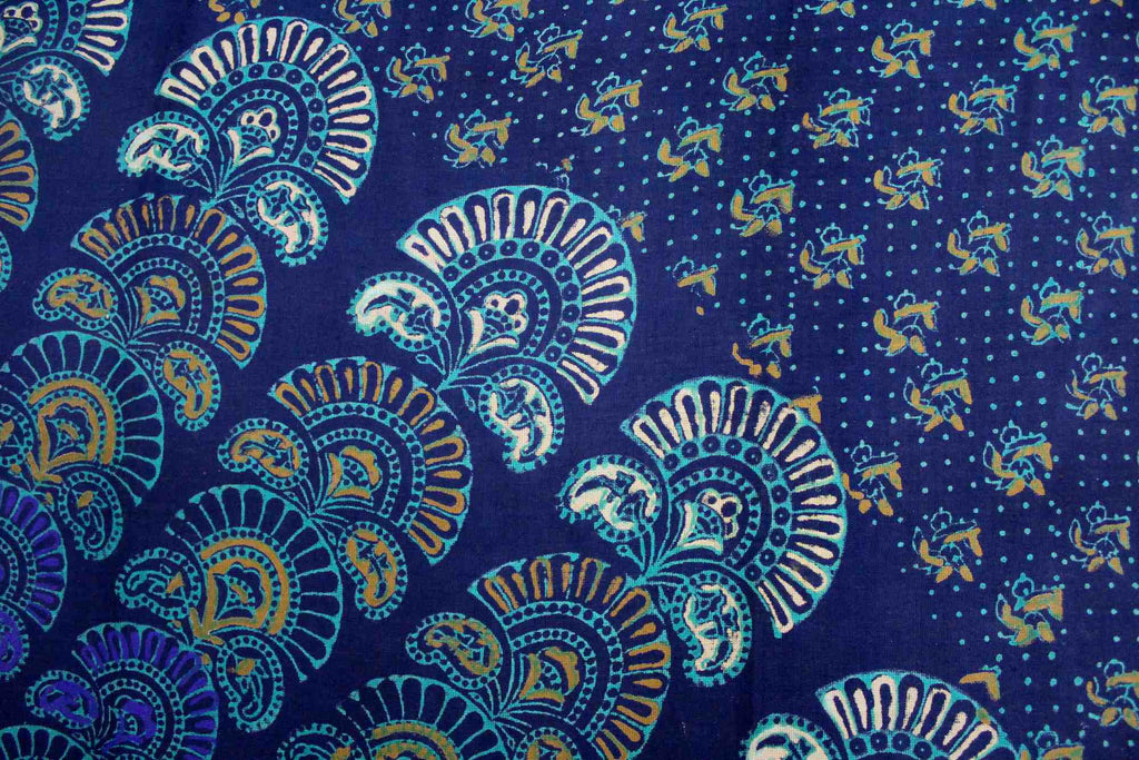 Handmade 100% Cotton Sanganer Peacock Mandala Tapestry Spread Queen 106x106 Blue - Sweet Us
