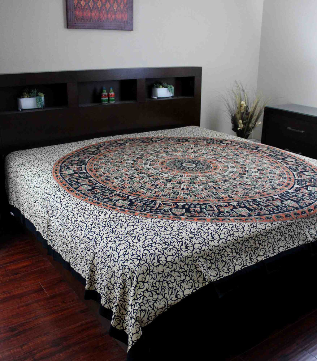 Jaipur Bagru Mandala Tapestry Tablecloth Throw Coverlet Bedspread Gorgeous Twin - Sweet Us
