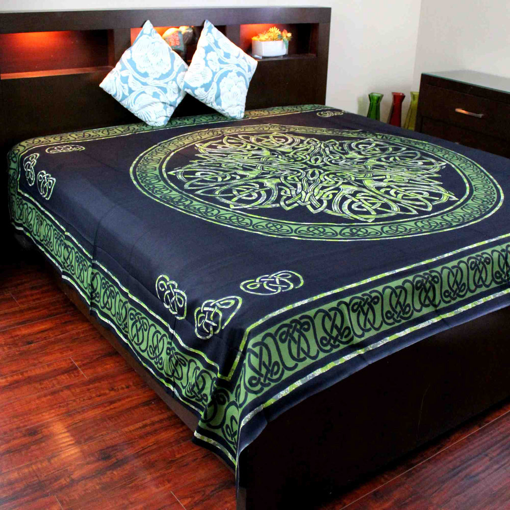 Celtic Circle Wheel Of Life Cotton Tapestry Spread Twin Full Queen King Green Black - Sweet Us