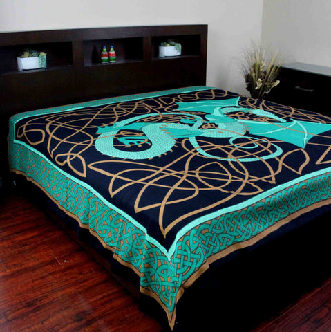 Handmade Cotton Celtic Dragon Tapestry Tablecloth Bedspread Twin Full Green - Sweet Us