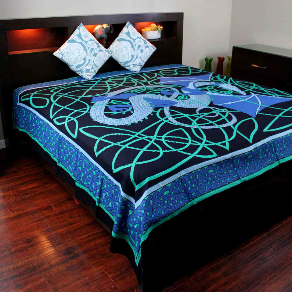 Cotton Celtic Dragon Tapestry Bedspread Beach Sheet Dorm Decor Twin Full Blue - Sweet Us